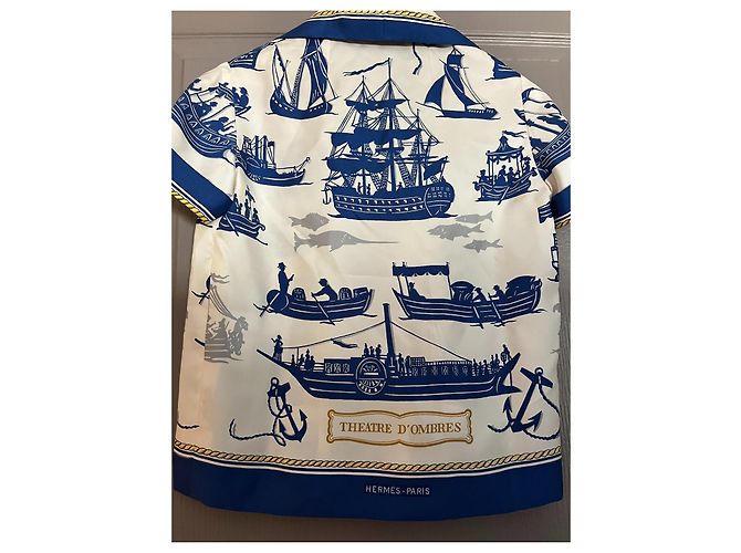 Blusa Hermès Shadow Theater in seta bianca blu navy Bianco Multicolore - vista 2