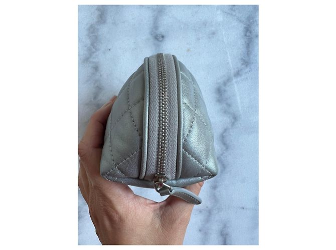Chanel Pouch Wallet Silver Leather Silvery Grey - view 5