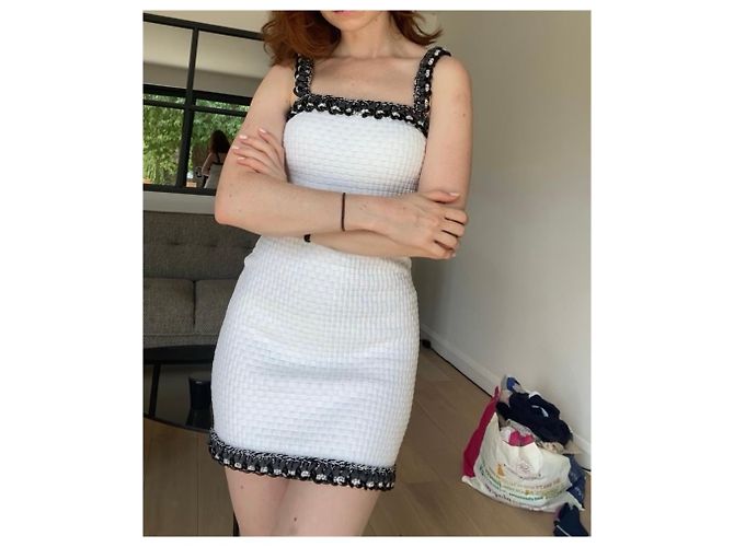Cambon Chanel-Tweed-Top-Kleid, figurbetonter eckiger Ausschnitt Schwarz Weiß Grau - Ansicht 3