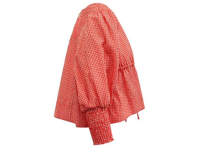 Ganni Gingham Top com amarração frontal em algodão vermelho - vista 2