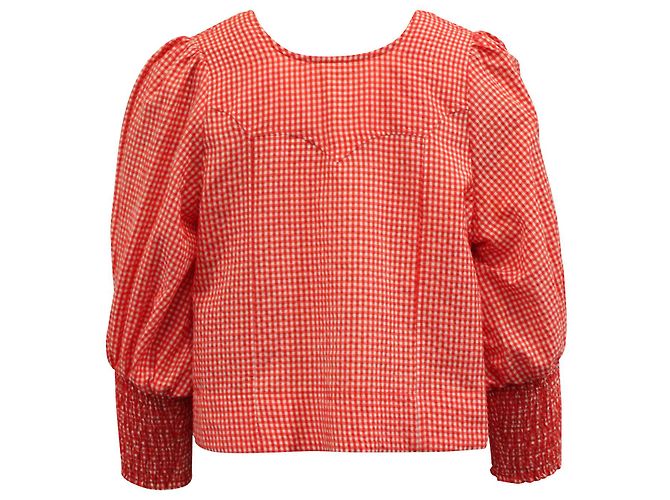Ganni Gingham Top com amarração frontal em algodão vermelho - vista 3