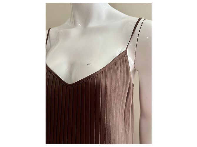 Tara Jarmon Chiffon-Plissee-Maxikleid, Neu mit Etiketten Khaki - Ansicht 6