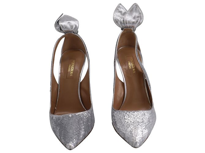 Décolleté Aquazzura con Papillon e Paillettes in Pelle Argento Metallico - vista 2