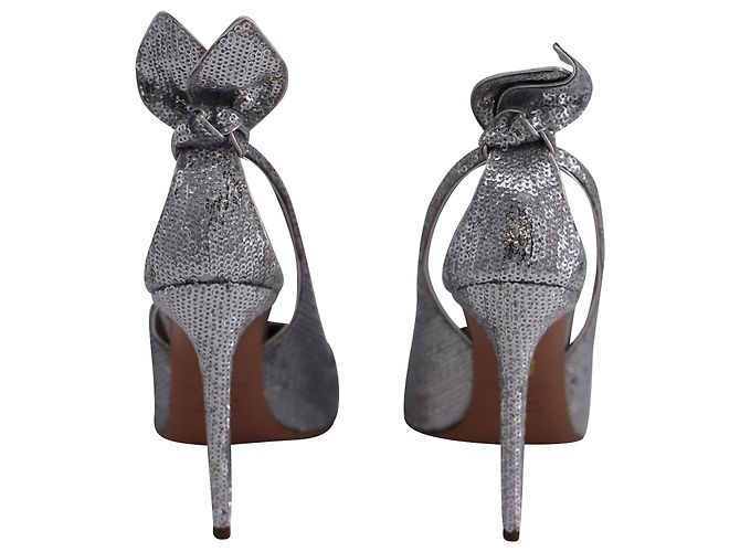 Décolleté Aquazzura con Papillon e Paillettes in Pelle Argento Metallico - vista 3
