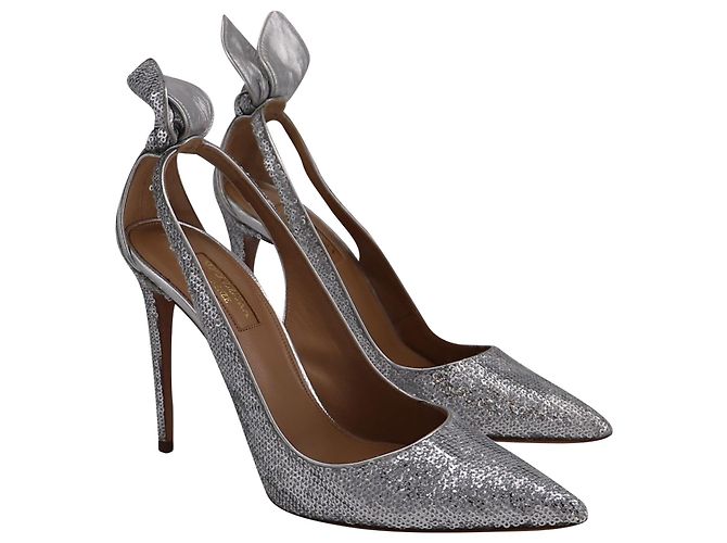 Décolleté Aquazzura con Papillon e Paillettes in Pelle Argento Metallico - vista 5