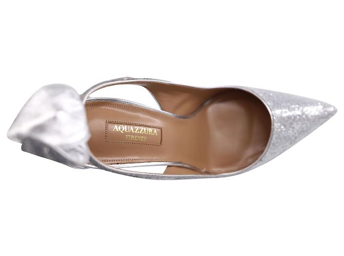 Décolleté Aquazzura con Papillon e Paillettes in Pelle Argento Metallico - vista 7