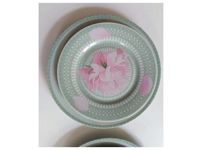 Hermès 4 Porcelain “Les Pivoines” Plates Pink Green - view 3