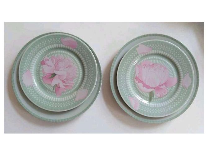 Hermès 4 Porcelain “Les Pivoines” Plates Pink Green - view 7