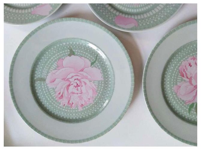Hermès 4 Porcelain “Les Pivoines” Plates Pink Green - view 8