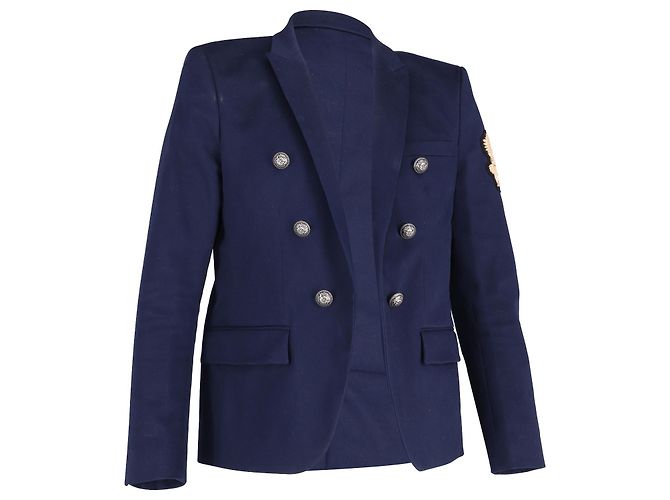 Blazer sul petto foderato con patch logo Balmain in cotone blu navy - vista 2