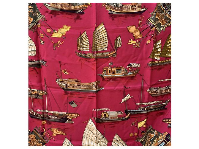 Hermès Hermes Paris Vintage Seta Rossa Jonques et Sampans 1966 de la Perrière Rosso - vista 2
