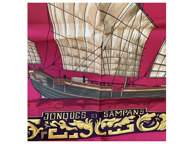 Hermès Hermes Paris Vintage Seta Rossa Jonques et Sampans 1966 de la Perrière Rosso - vista 3