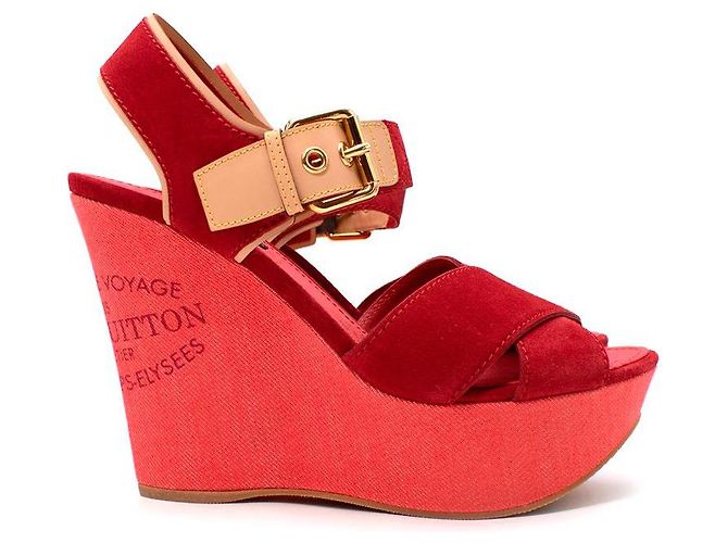 Louis Vuitton Red Denim & Suede Crossover Wedge Sandals - view 2