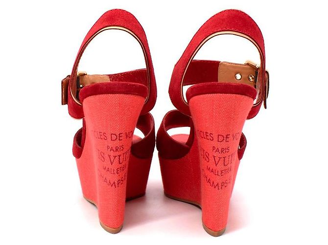 Louis Vuitton Red Denim & Suede Crossover Wedge Sandals - view 3