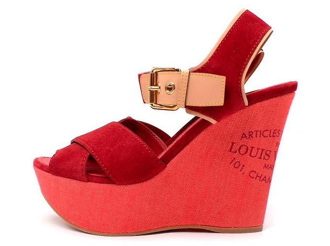 Louis Vuitton Red Denim & Suede Crossover Wedge Sandals - view 4