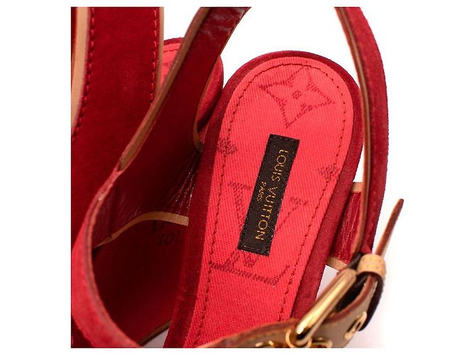 Louis Vuitton Red Denim & Suede Crossover Wedge Sandals - view 5