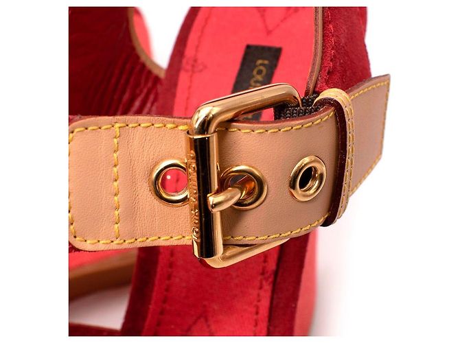 Louis Vuitton Red Denim & Suede Crossover Wedge Sandals - view 6