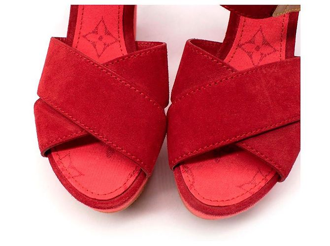 Louis Vuitton Red Denim & Suede Crossover Wedge Sandals - view 7
