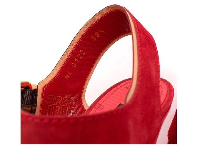 Louis Vuitton Red Denim & Suede Crossover Wedge Sandals - view 8