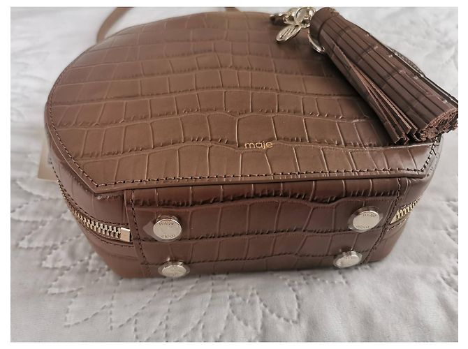 Borsa a spalla tonda Maje in pelle color talpa stampa coccodrillo Marrone Taupe - vista 9