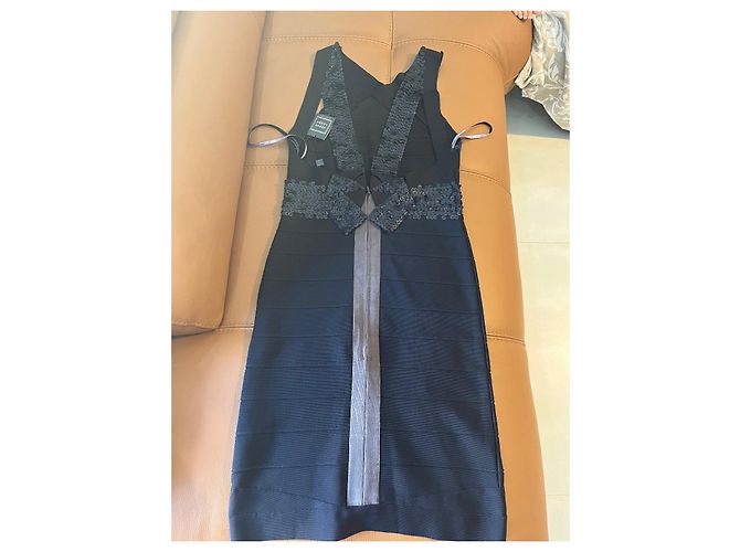 Vestido Herve Leger Negro con Lentejuelas de Cuero Talla 40 - vista 3