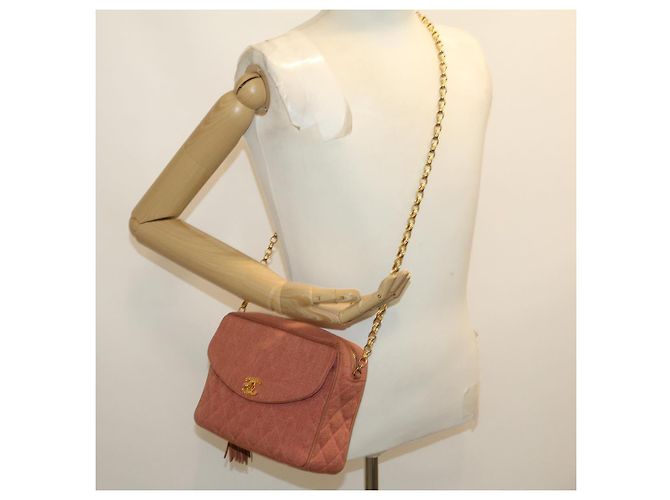 CHANEL Borsa a tracolla con catena Diana Turn Lock Lino con frange Rosa CC Auth 30153alla - vista 28