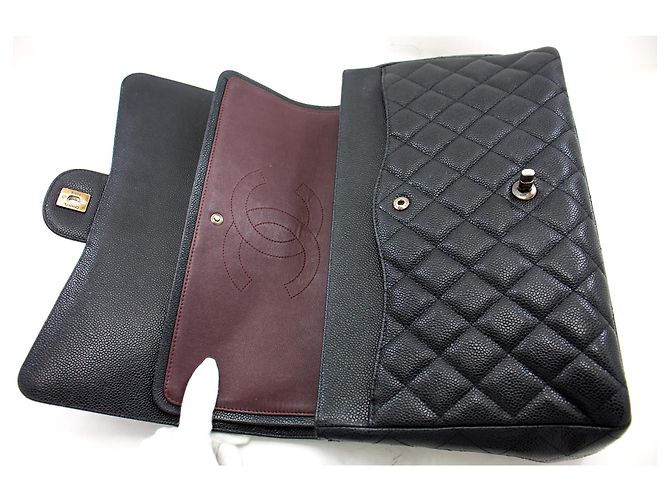CHANEL Borsa a mano classica grande con catena e tracolla con patta in caviale nero - vista 11