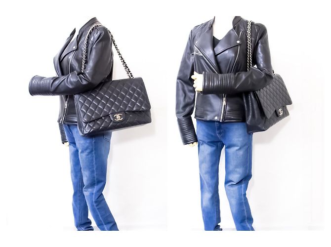 CHANEL Borsa a mano classica grande con catena e tracolla con patta in caviale nero - vista 12