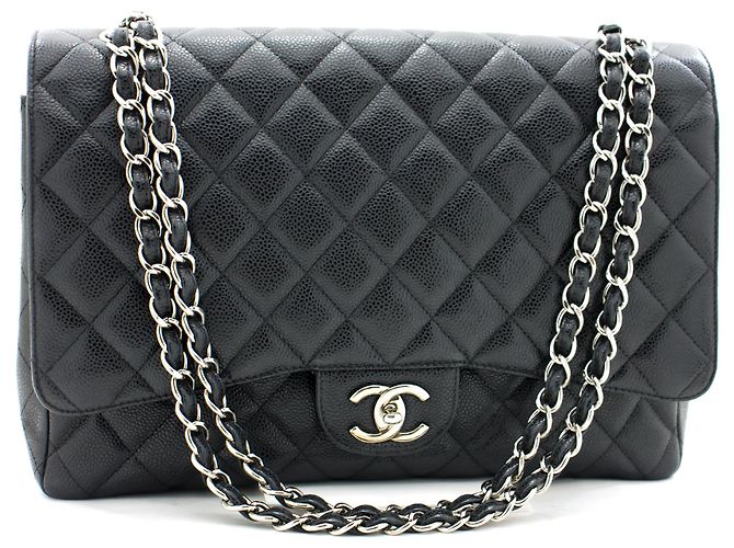 CHANEL Borsa a mano classica grande con catena e tracolla con patta in caviale nero - vista 2
