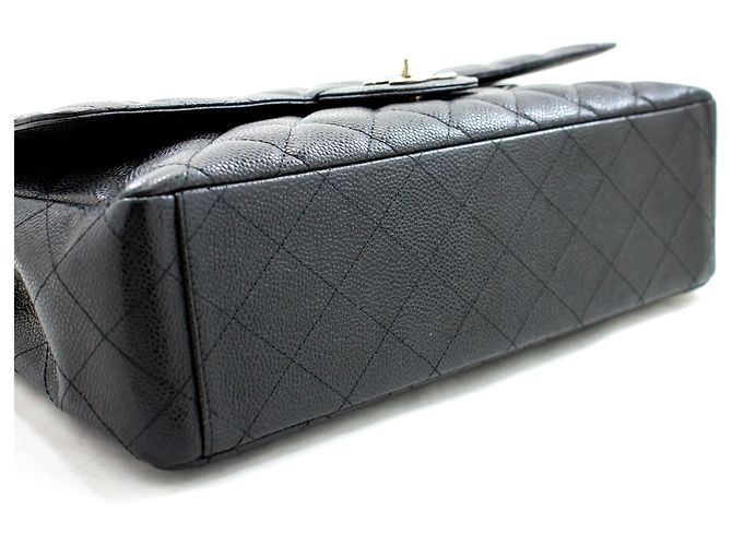 CHANEL Borsa a mano classica grande con catena e tracolla con patta in caviale nero - vista 4