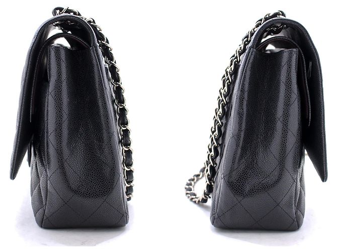 CHANEL Borsa a mano classica grande con catena e tracolla con patta in caviale nero - vista 5