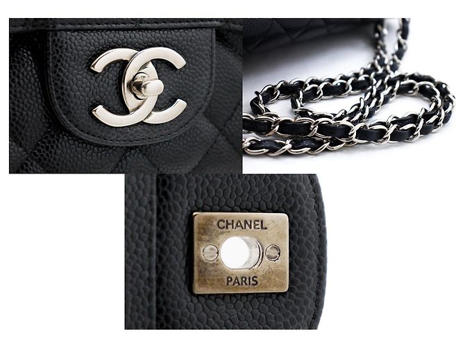 CHANEL Borsa a mano classica grande con catena e tracolla con patta in caviale nero - vista 7