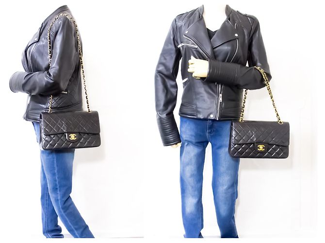 Chanel 2.55 Borsa a tracolla a catena media con patta foderata Pelle di agnello nera Nero - vista 12