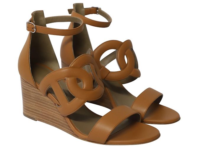 Hermès Zeppe Hermes Brisbane in pelle marrone chiaro Giallo Cammello - vista 3