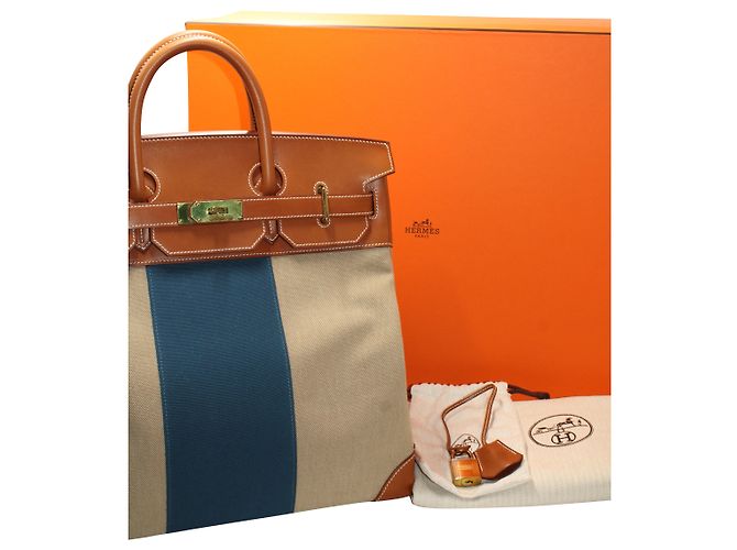 Hermès Hermes Birkin HAC Bandiera 50 Borsa tote in tela marrone e blu Multicolore - vista 3
