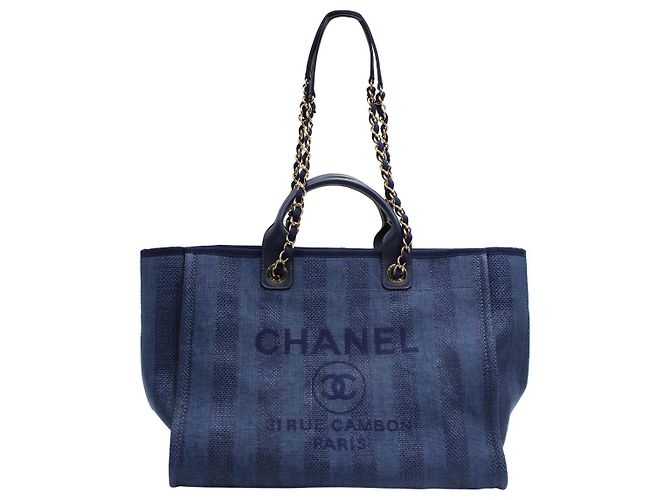Borsa tote Chanel Deauville in denim di cotone blu - vista 10