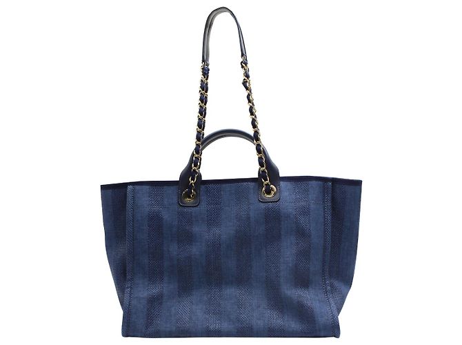 Borsa tote Chanel Deauville in denim di cotone blu - vista 12