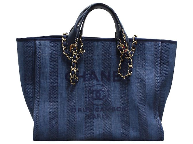 Borsa tote Chanel Deauville in denim di cotone blu - vista 13