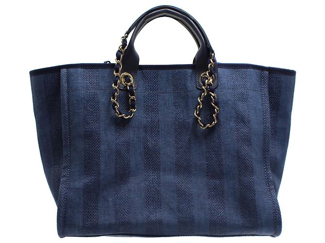 Borsa tote Chanel Deauville in denim di cotone blu - vista 4