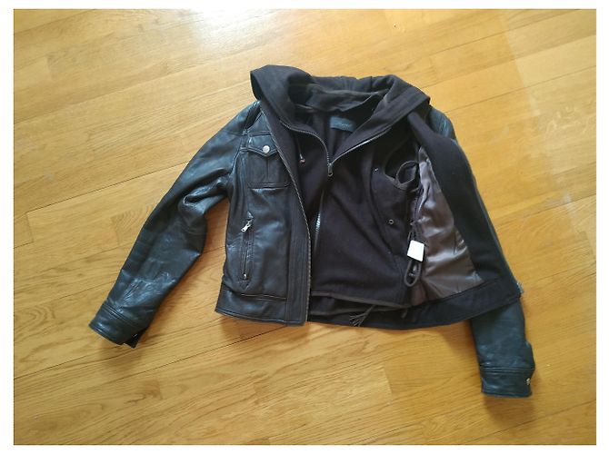Autre Marque Jaqueta biker acolchoada de couro marrom escuro com capuz removível - vista 3