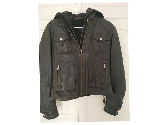 Autre Marque Jaqueta biker acolchoada de couro marrom escuro com capuz removível - vista 4