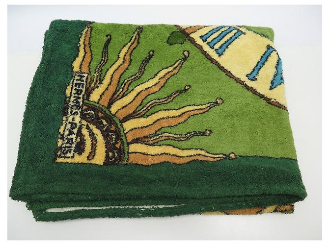 Hermès DRAP DE PLAGE HERMES CADRAN SOLAIRE SERVIETTE BAIN COTON VERT BEACH TOWEL - vue 5