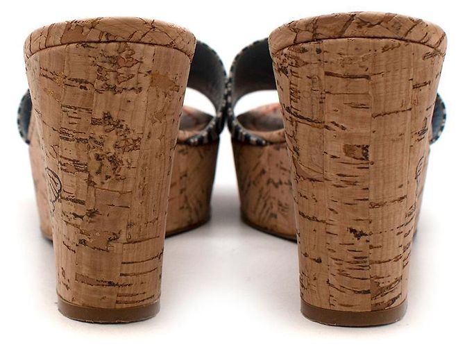 Chanel Sandali con zeppa CC in tela a righe blu corallo Marrone Beige - vista 4