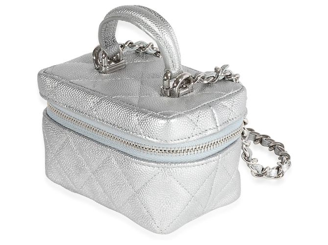 Vanity Chanel Silver Metallic Quilted Caviar Mini-Kosmetiktasche mit Kette Grau - Ansicht 7