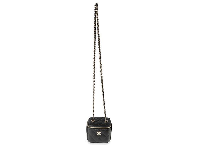 Vanity Chanel Mini-Kosmetikkoffer aus schwarzem, gestepptem Lammleder mit Kette - Ansicht 4