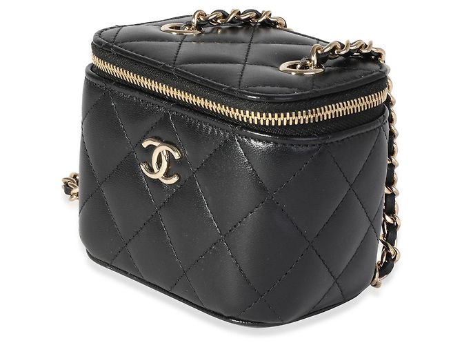 Vanity Chanel Mini-Kosmetikkoffer aus schwarzem, gestepptem Lammleder mit Kette - Ansicht 5