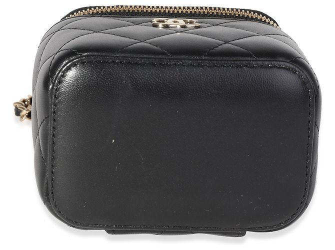 Vanity Chanel Mini-Kosmetikkoffer aus schwarzem, gestepptem Lammleder mit Kette - Ansicht 7