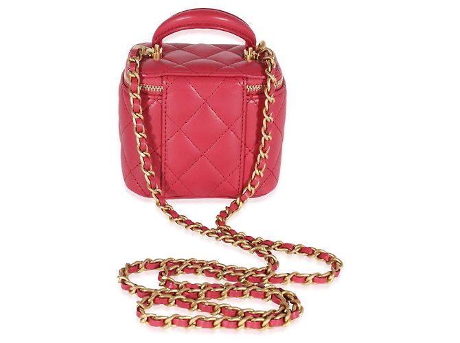 Vanity Chanel Himbeere gesteppter Lammfell-Mini-Kosmetikkoffer mit Kette Rot - Ansicht 2