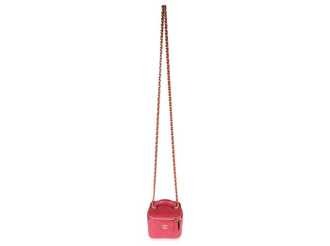 Vanity Chanel Himbeere gesteppter Lammfell-Mini-Kosmetikkoffer mit Kette Rot - Ansicht 4