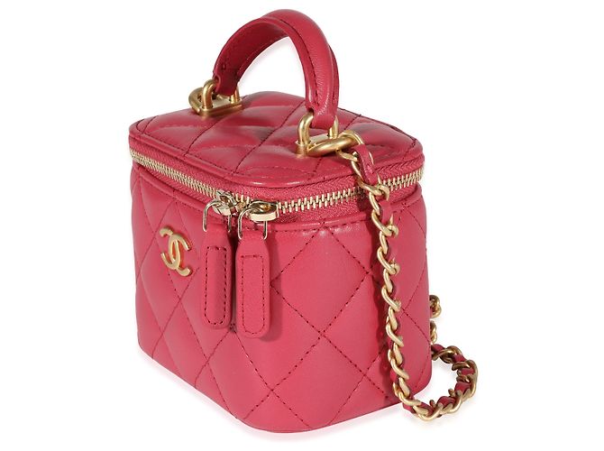 Vanity Chanel Himbeere gesteppter Lammfell-Mini-Kosmetikkoffer mit Kette Rot - Ansicht 5